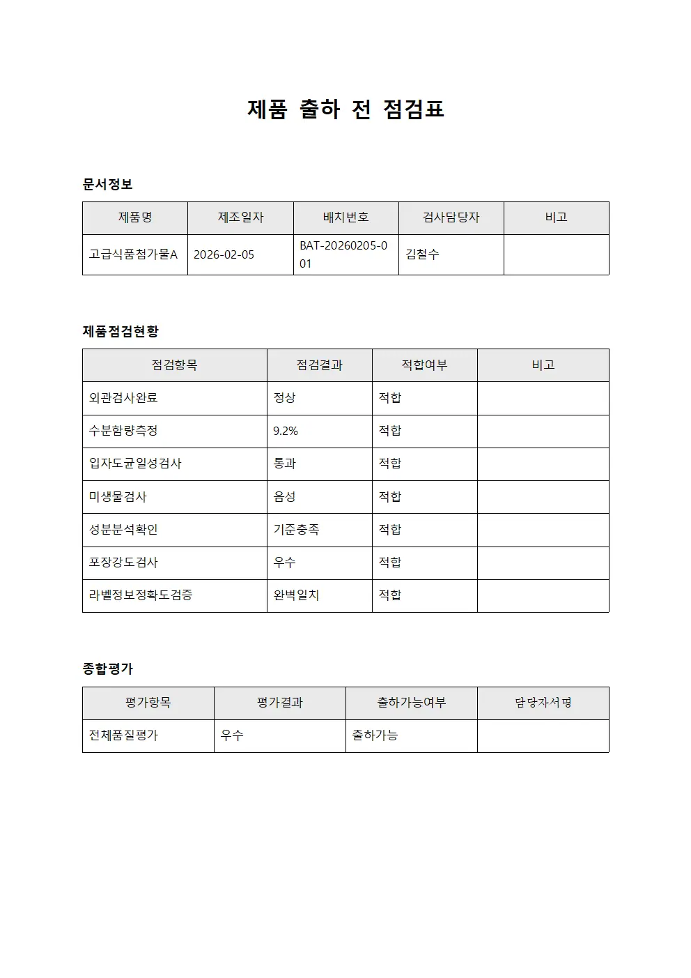 제품 출하 전 점검표 서식.양식