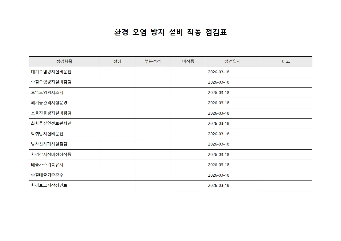 환경 오염 방지 설비 작동 점검표 파일양식