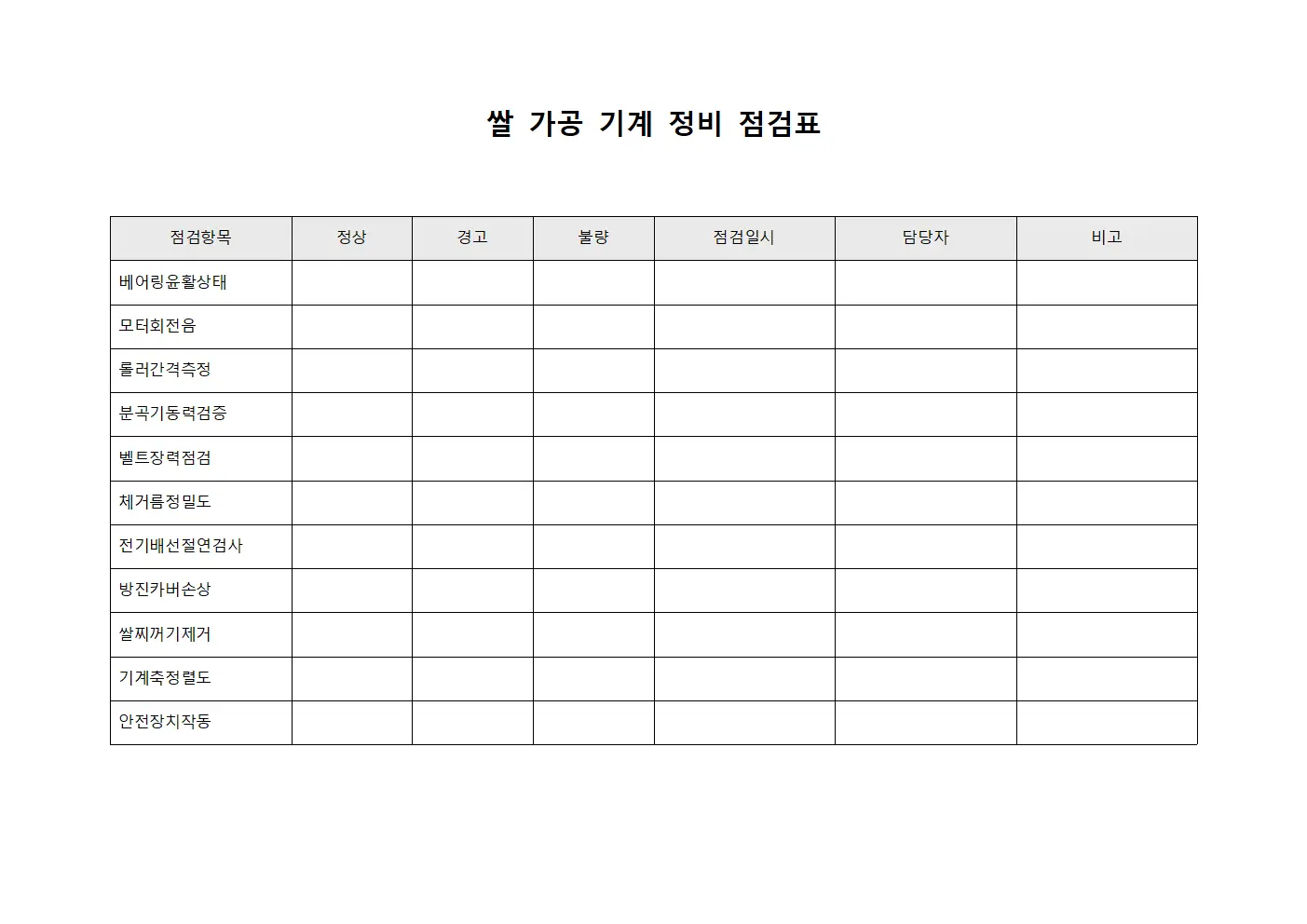 쌀 가공 기계 정비 점검표 문서.서식