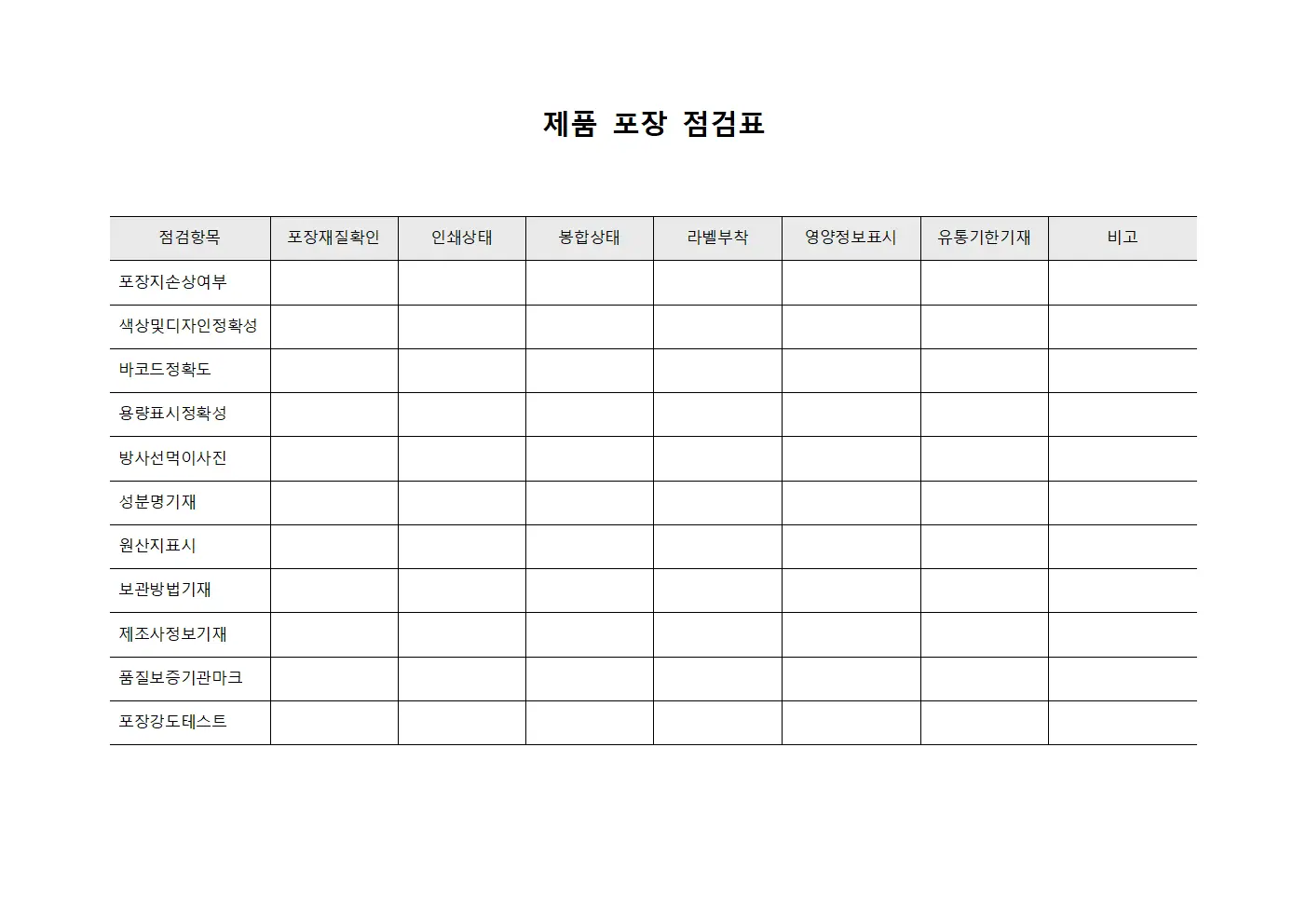제품 포장 점검표 양식