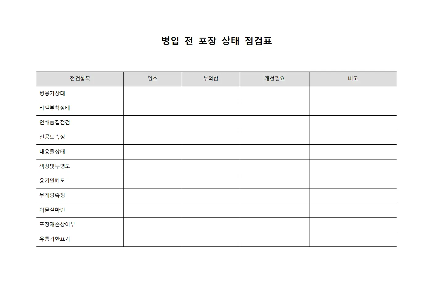 병입 전 포장 상태 점검표