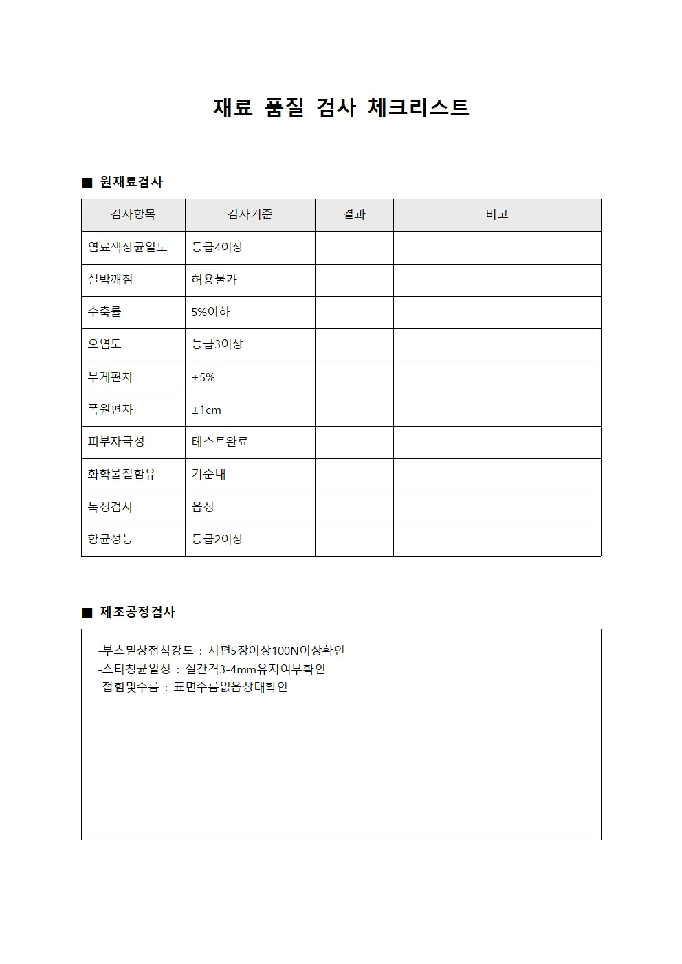 재료 품질 검사 체크리스트