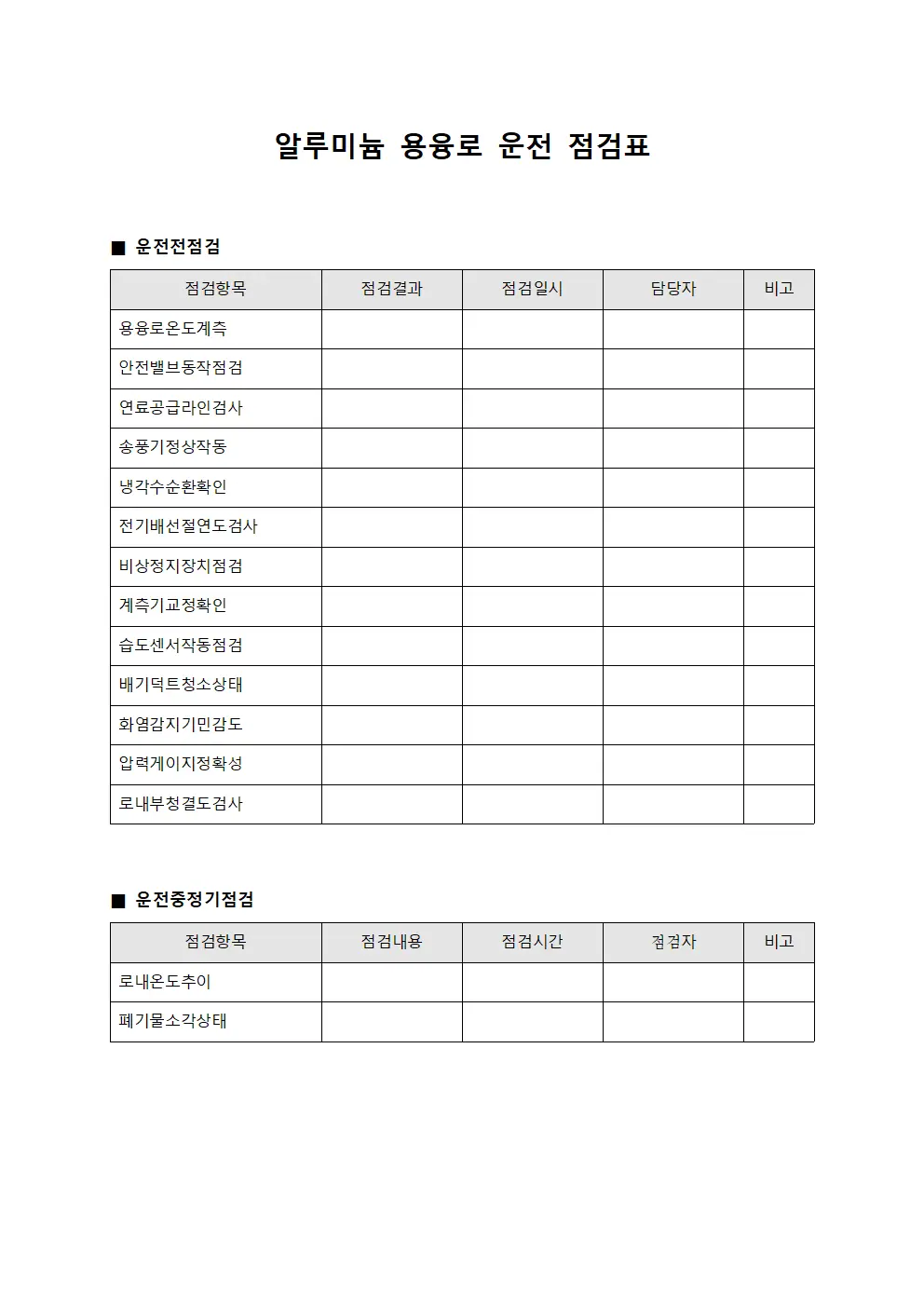 알루미늄 용융로 운전 점검표 문서.서식