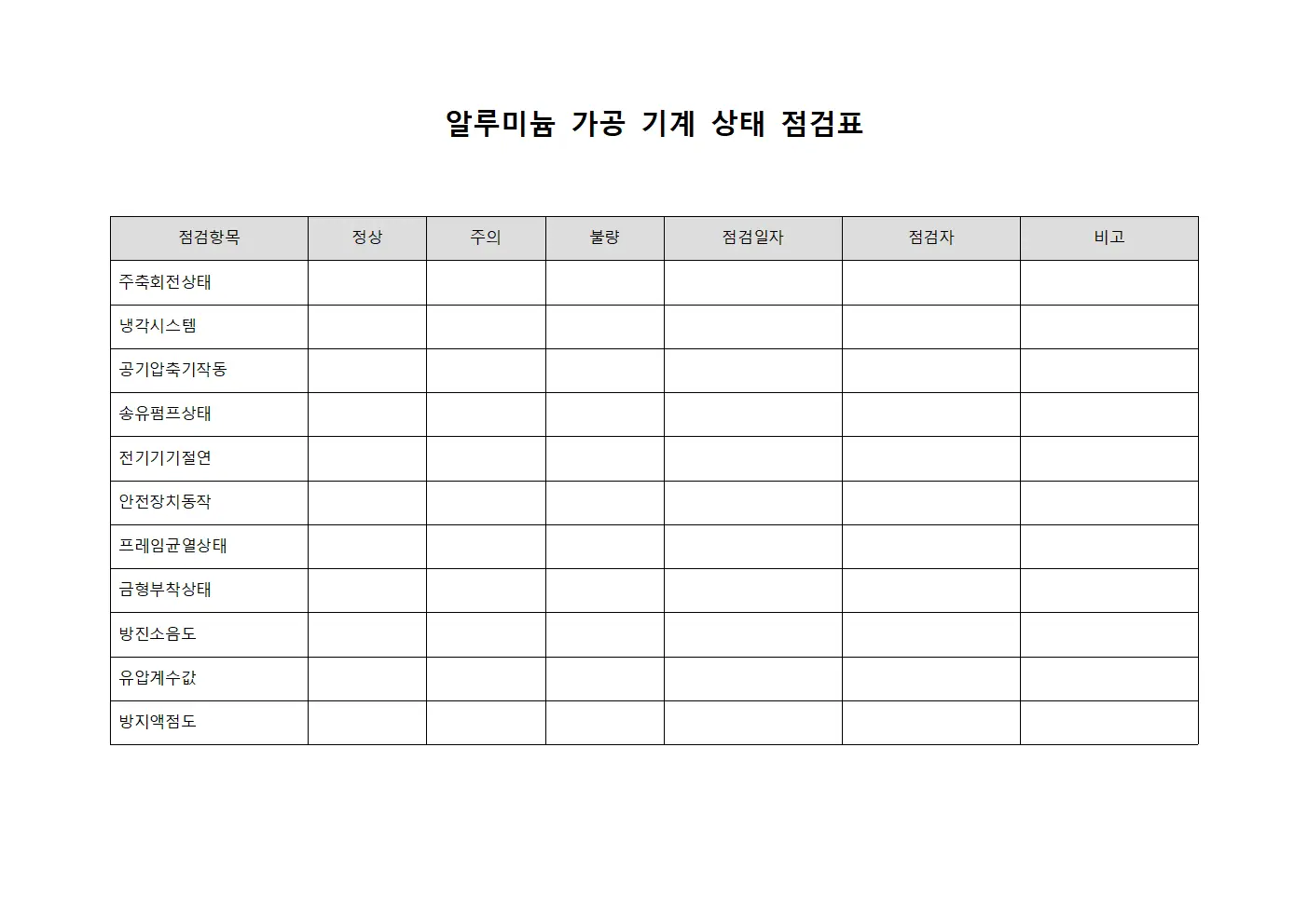 알루미늄 가공 기계 상태 점검표 문서양식