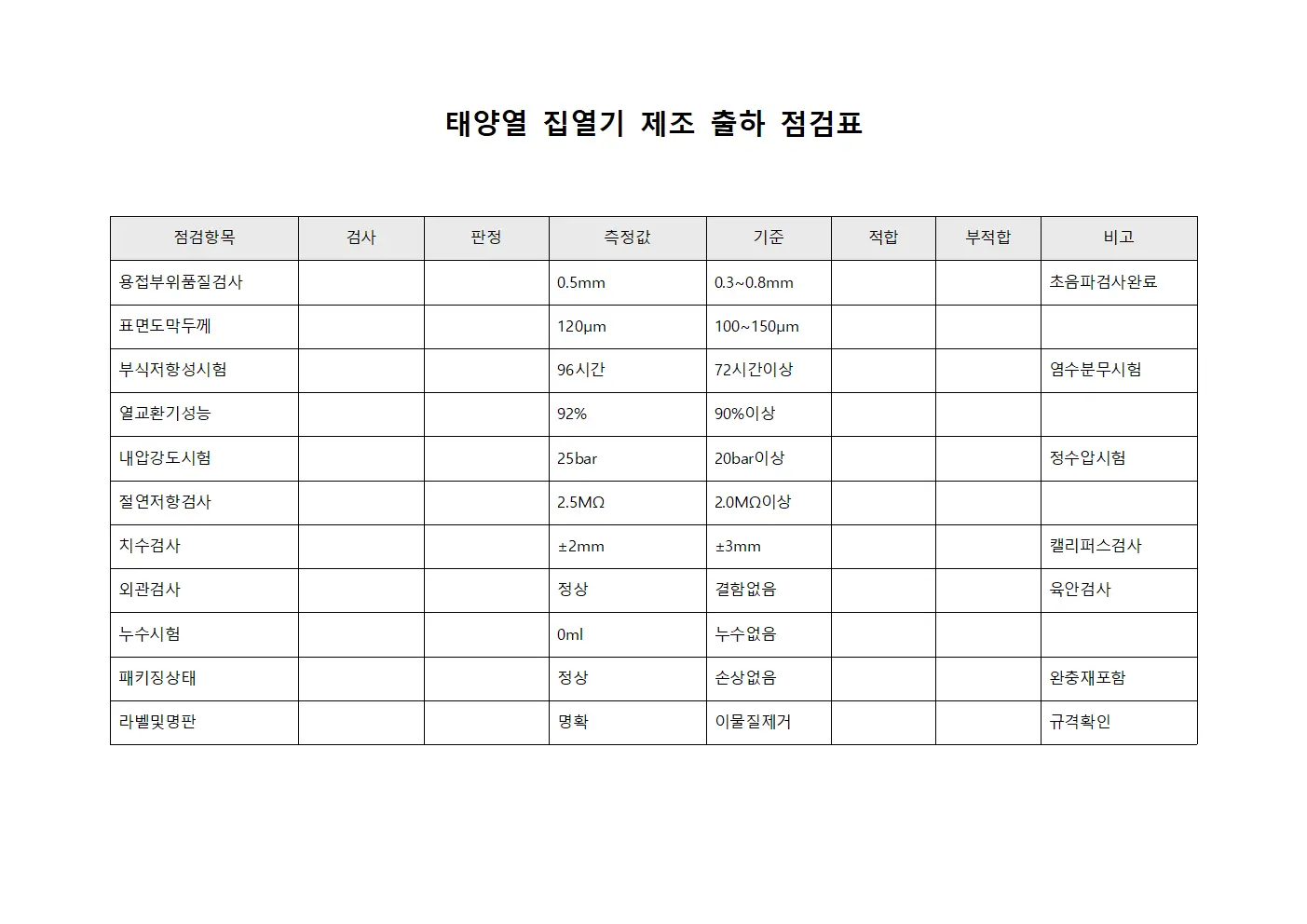 태양열 집열기 제조 출하 점검표