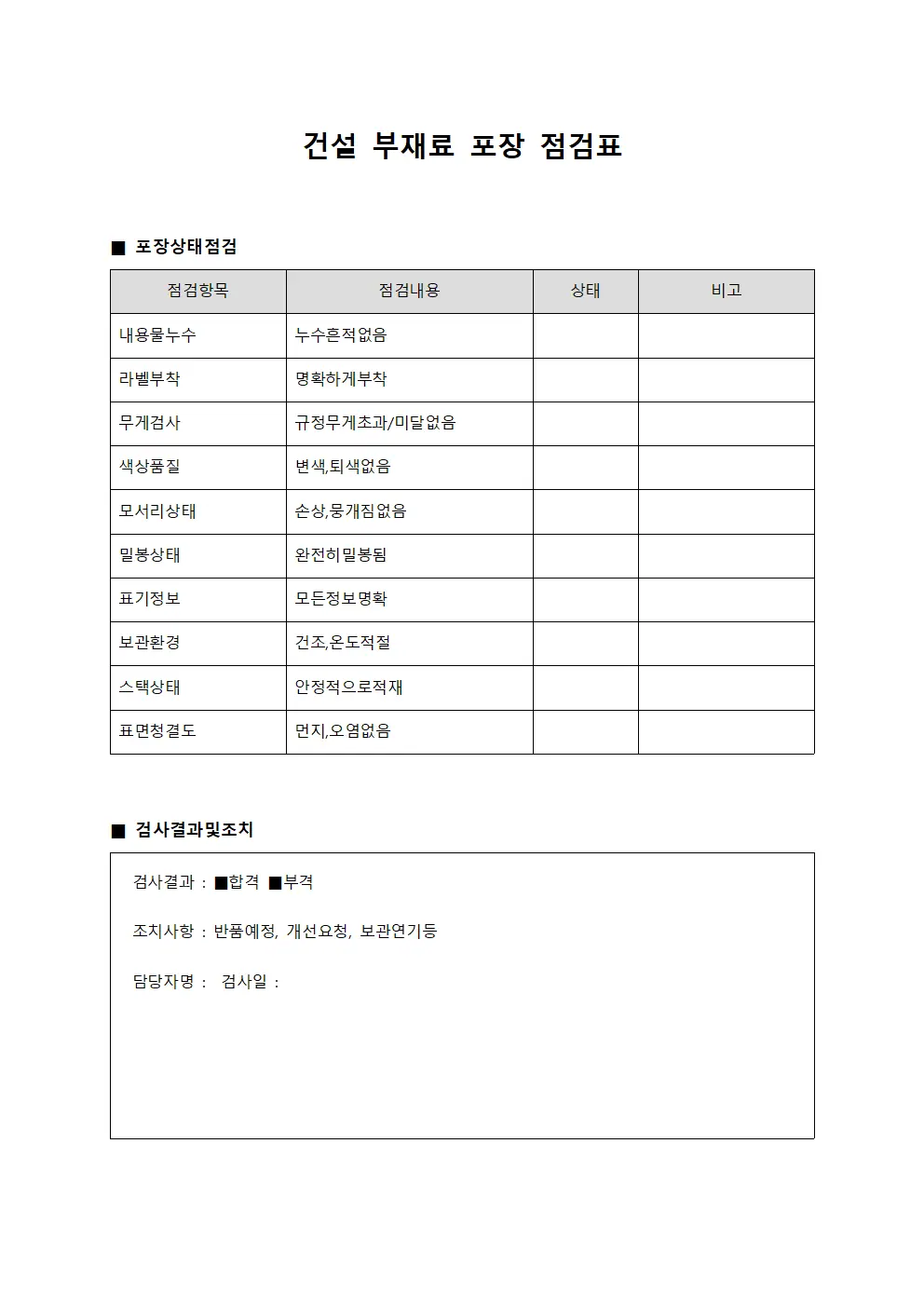 건설 부재료 포장 점검표