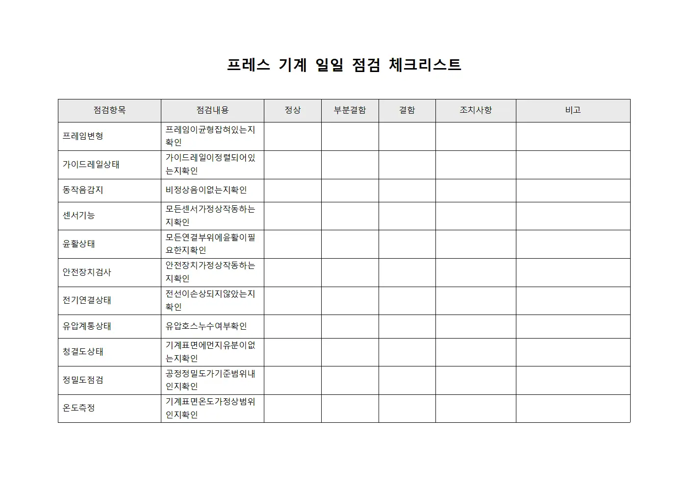 프레스 기계 일일 점검 체크리스트