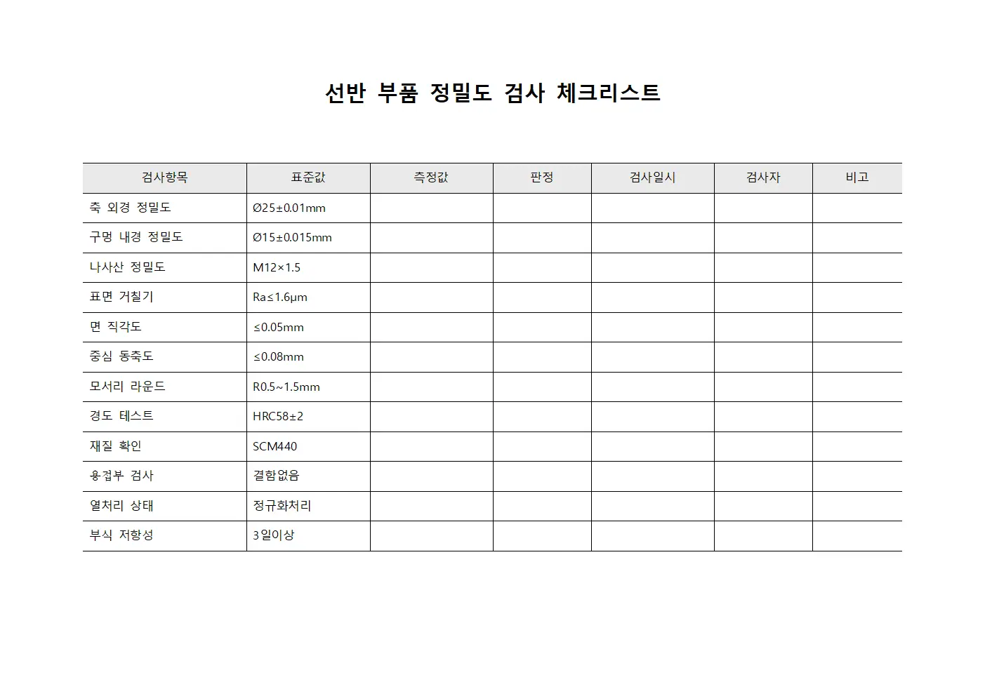 선반 부품 정밀도 검사 체크리스트 문서.양식