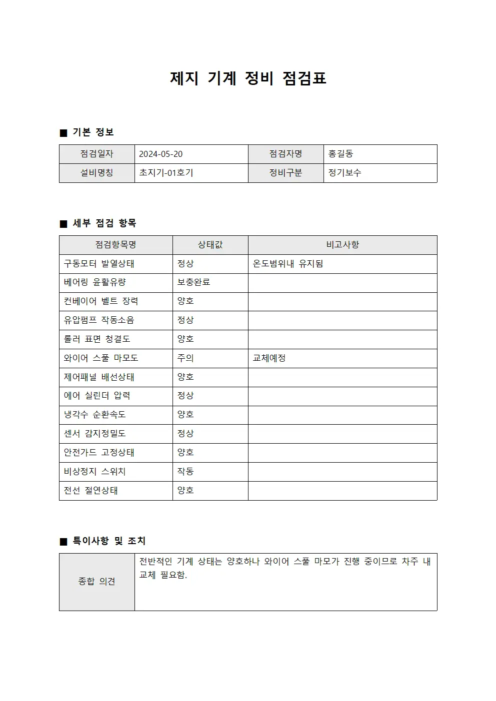 제지 기계 정비 점검표