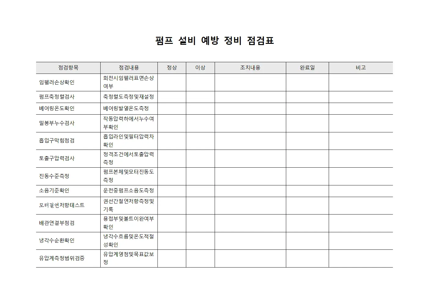 펌프 설비 예방 정비 점검표