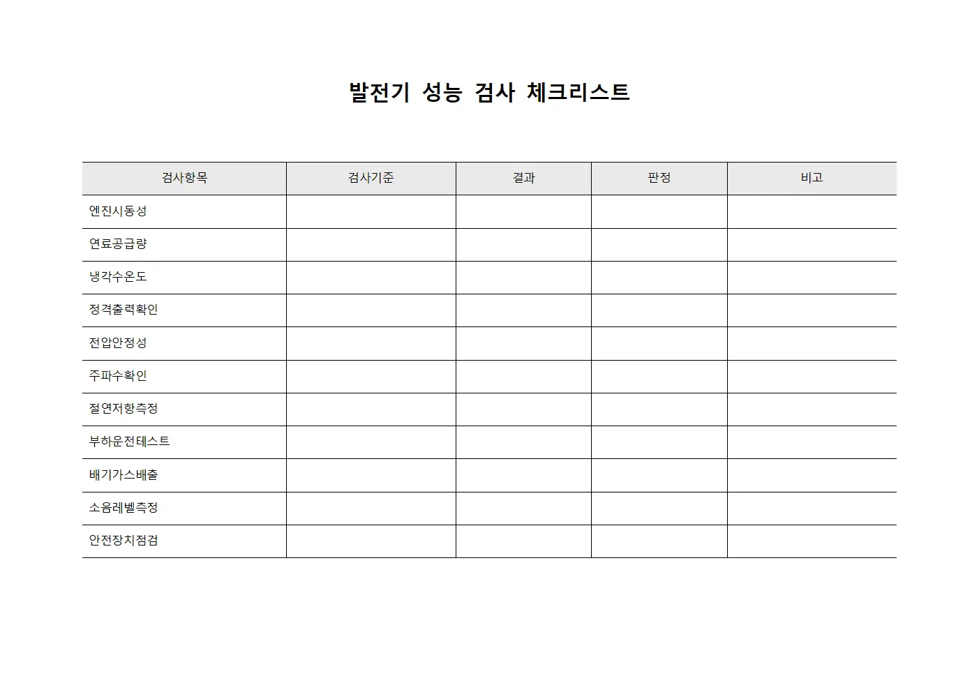 발전기 성능 검사 체크리스트 템플릿 양식