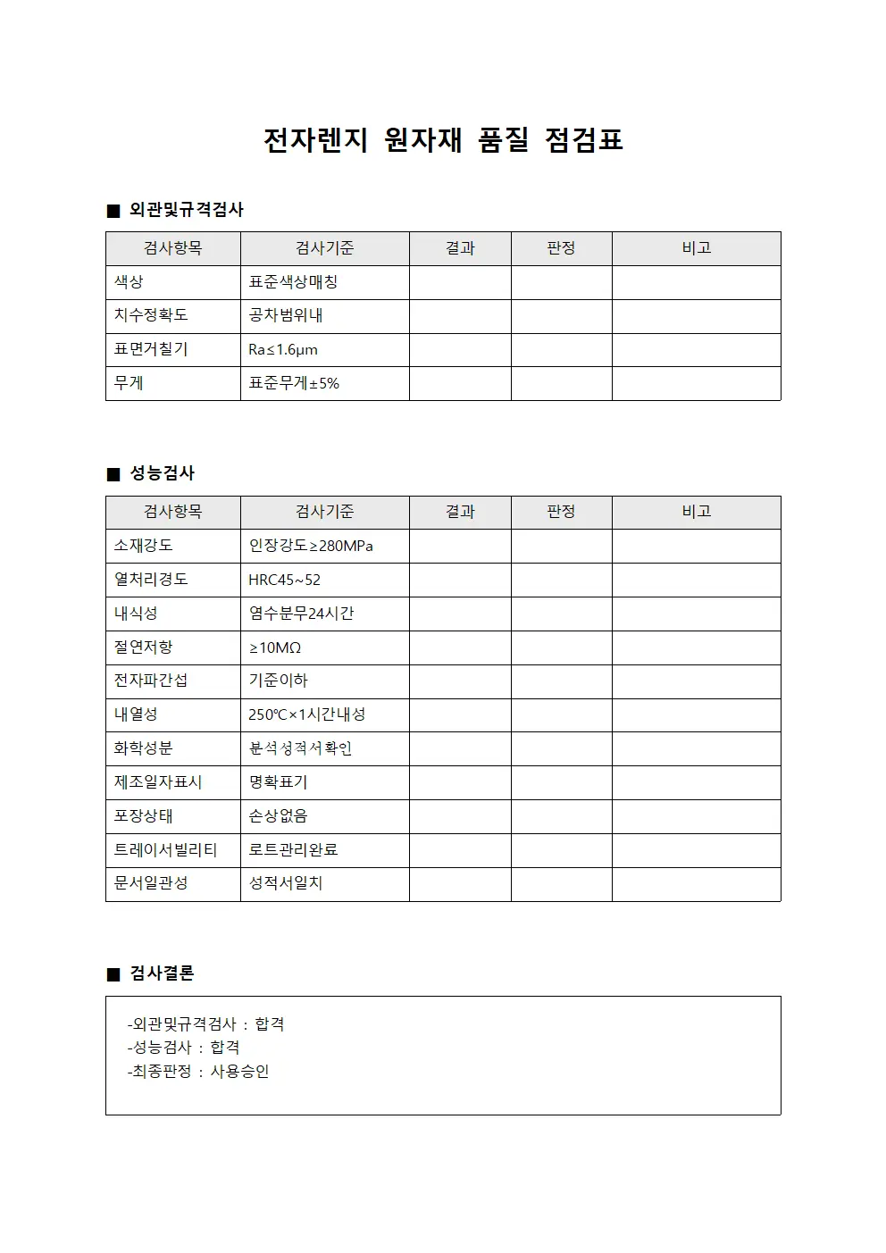 전자렌지 원자재 품질 점검표