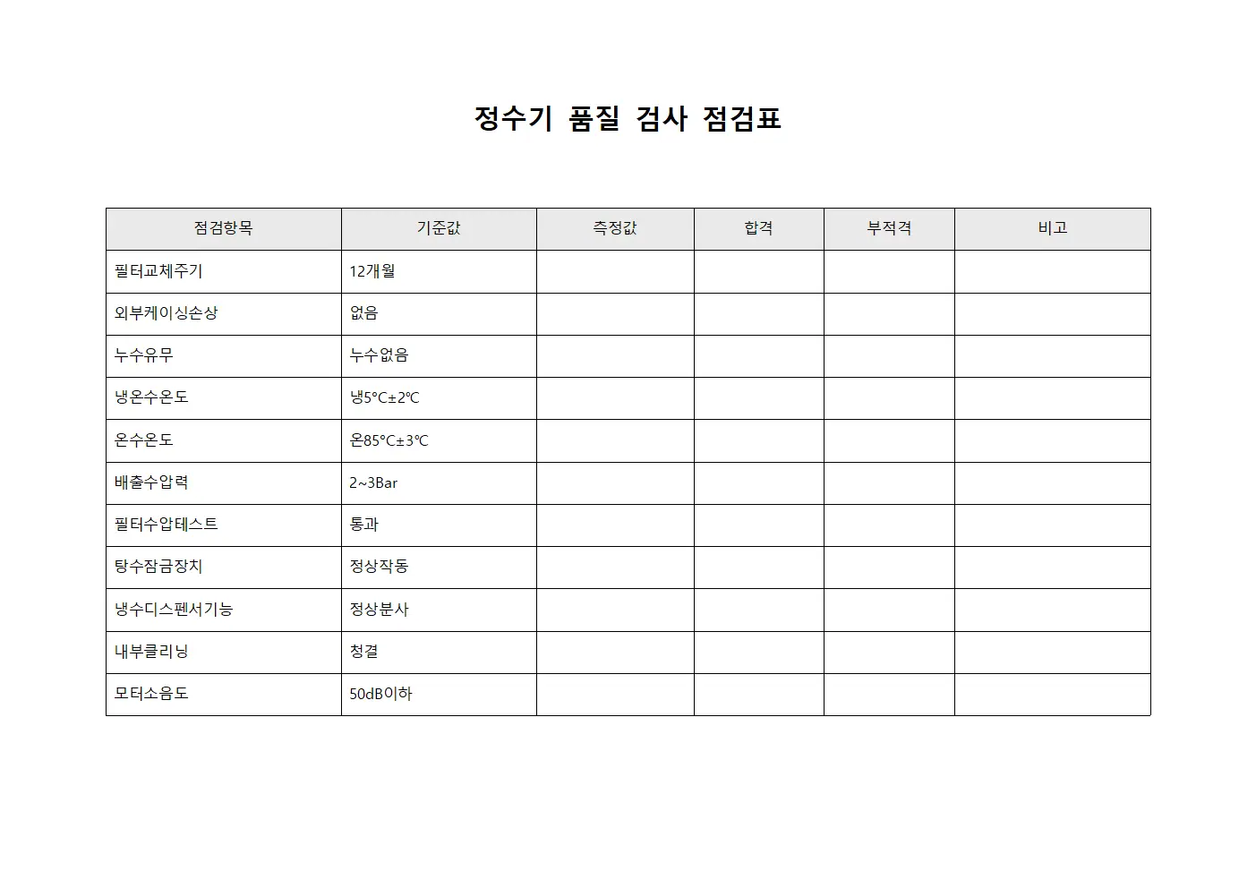 정수기 품질 검사 점검표 서식.양식