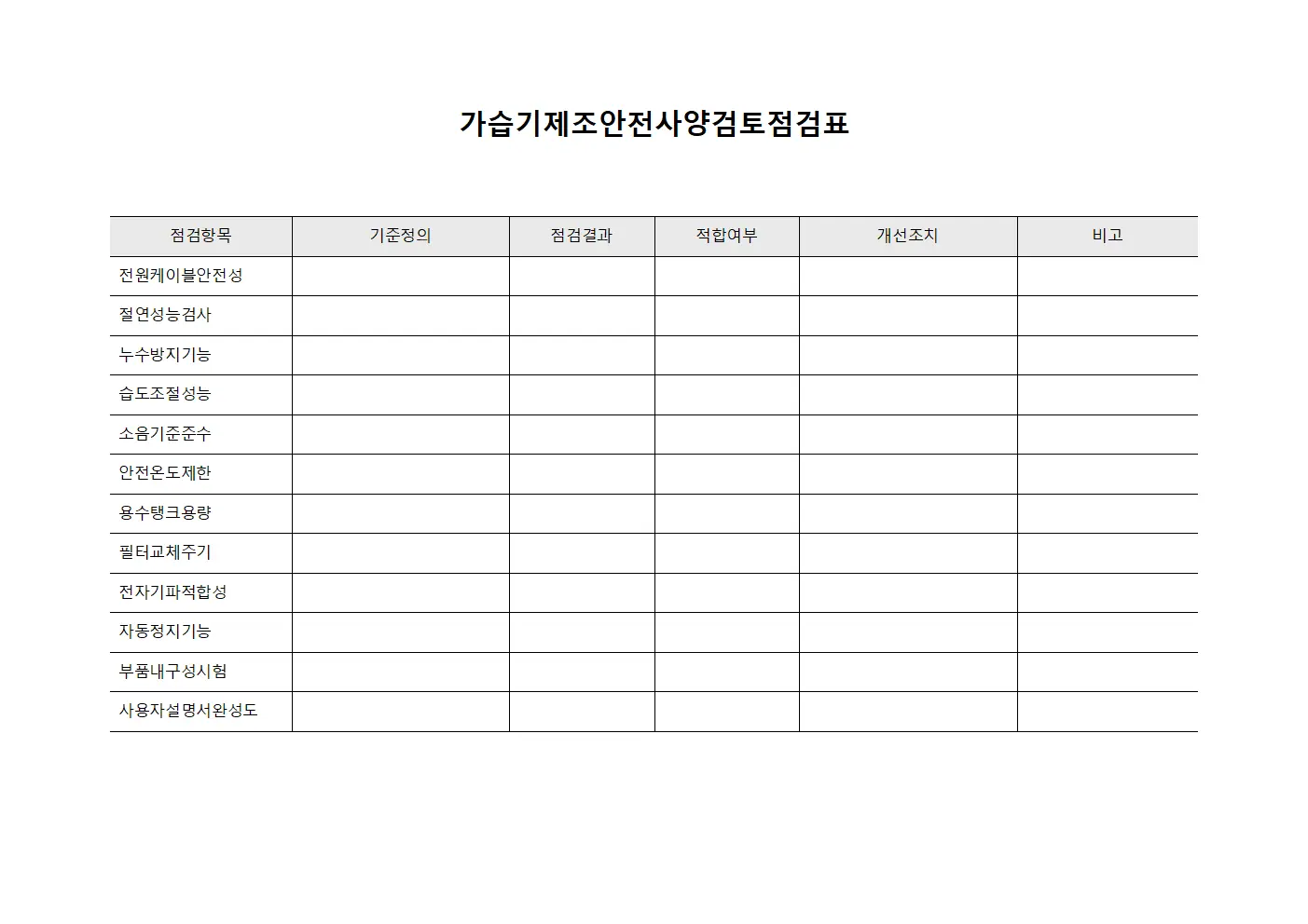 가습기 제조 안전사양 검토 점검표