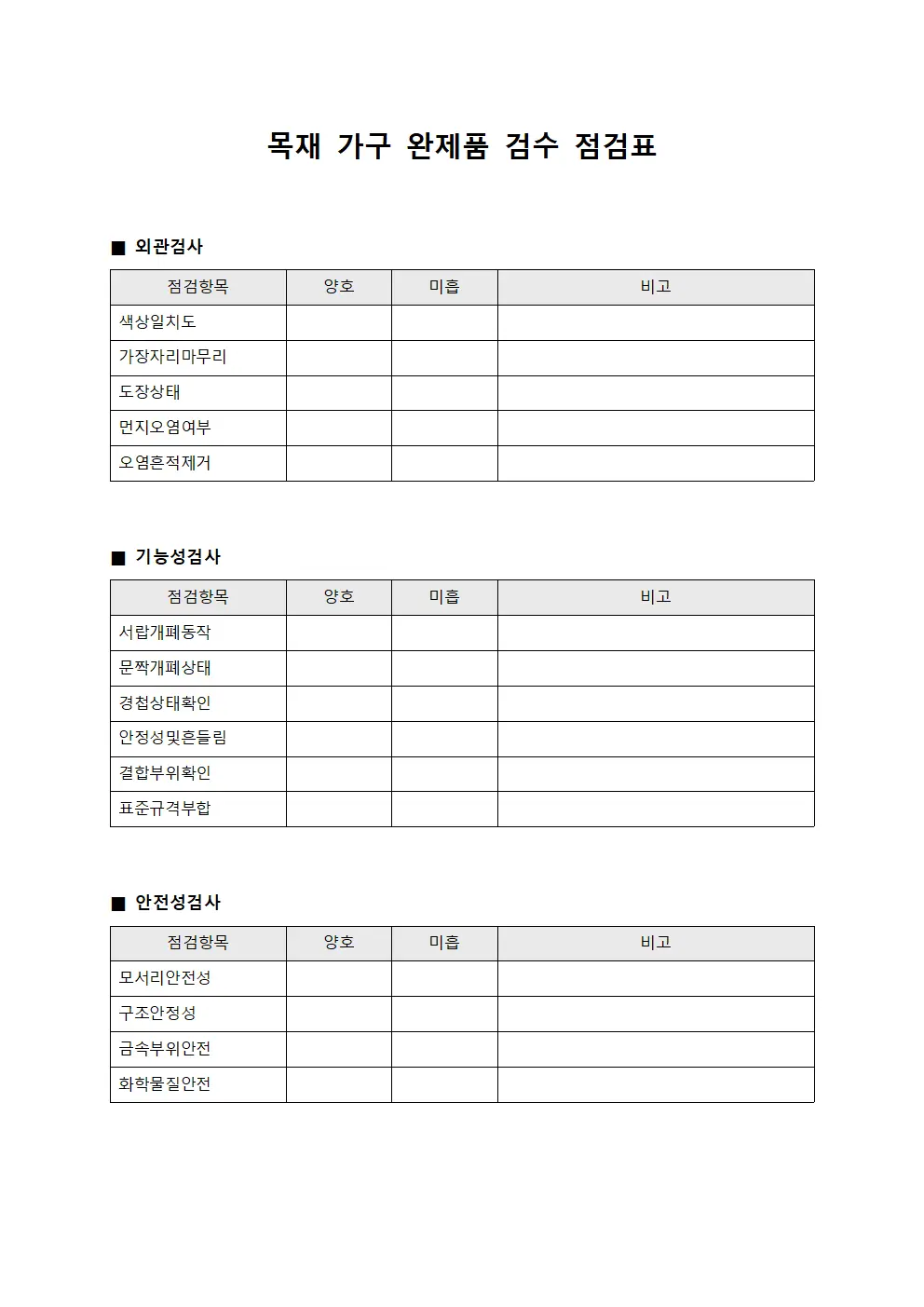 목재 가구 완제품 검수 점검표
