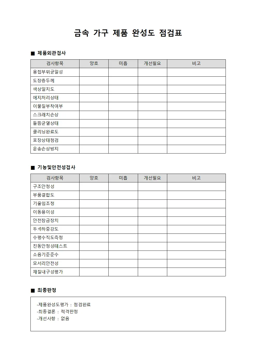금속 가구 제품 완성도 점검표
