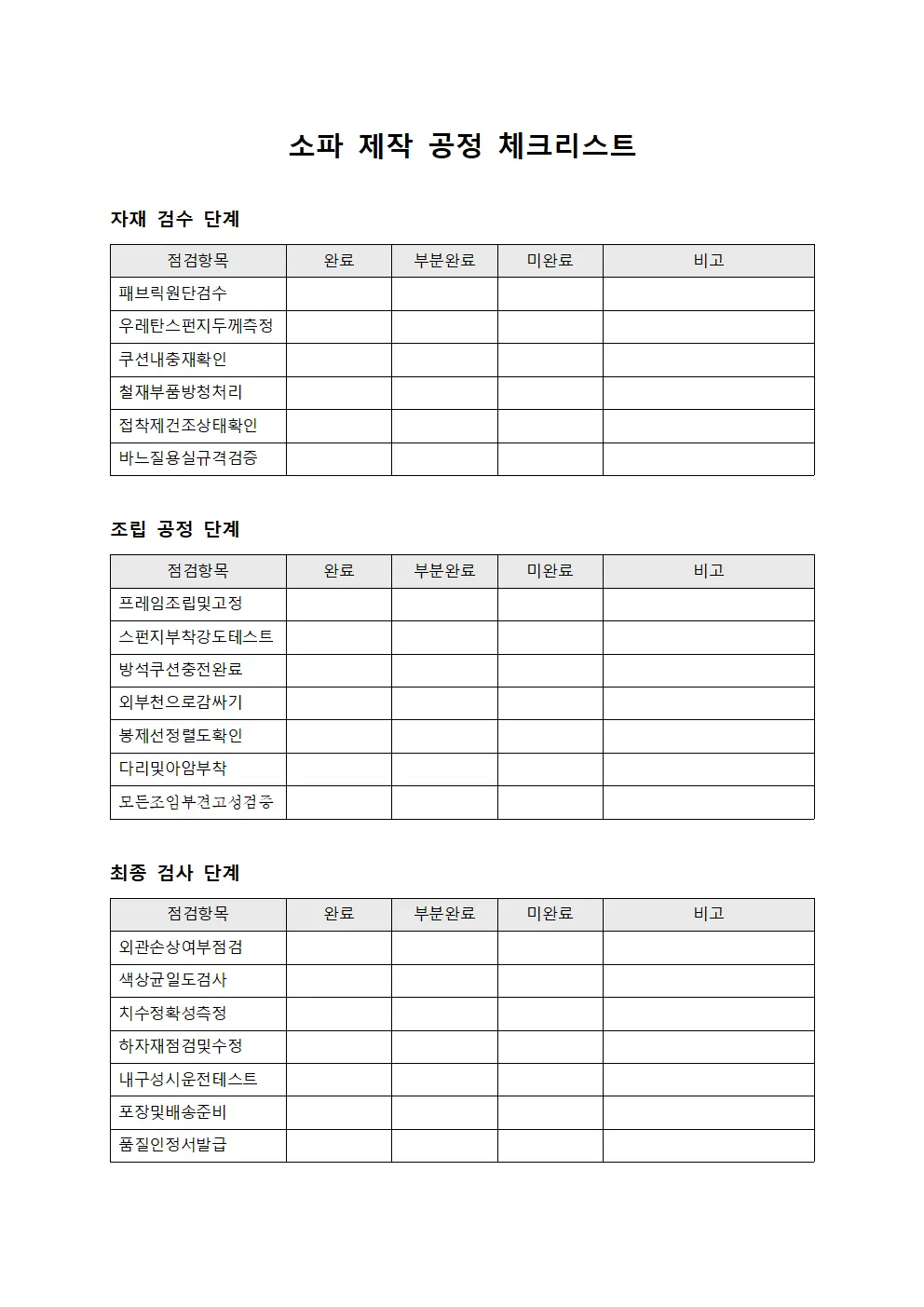 소파 제작 공정 체크리스트