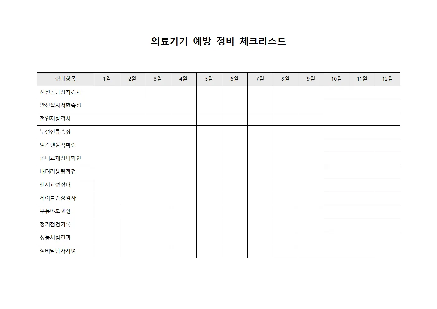 의료기기 예방 정비 체크리스트 템플릿 서식
