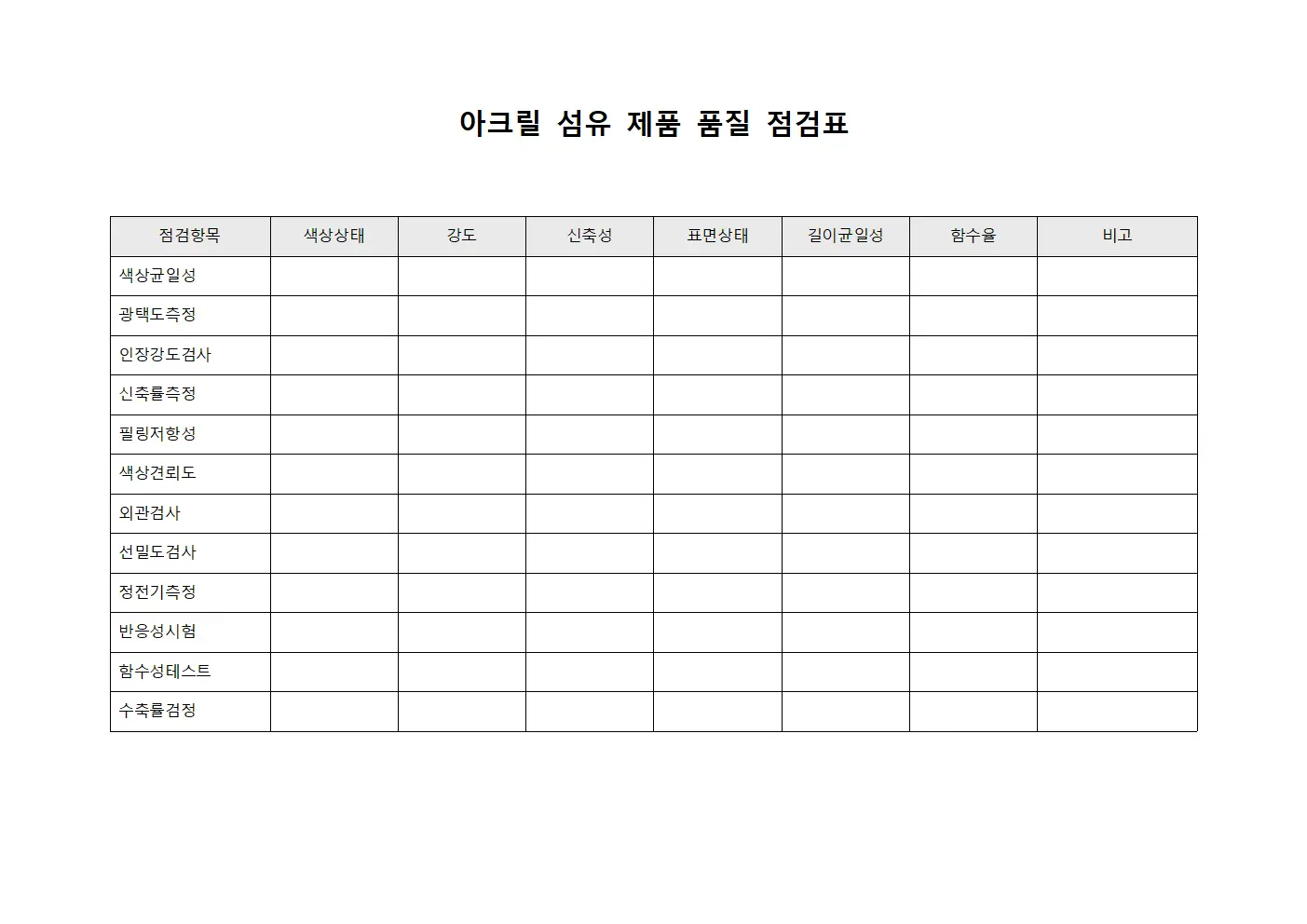 아크릴 섬유 제품 품질 점검표