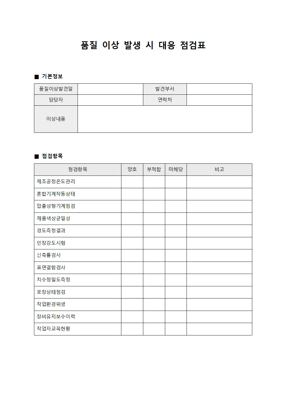 품질 이상 발생 시 대응 점검표