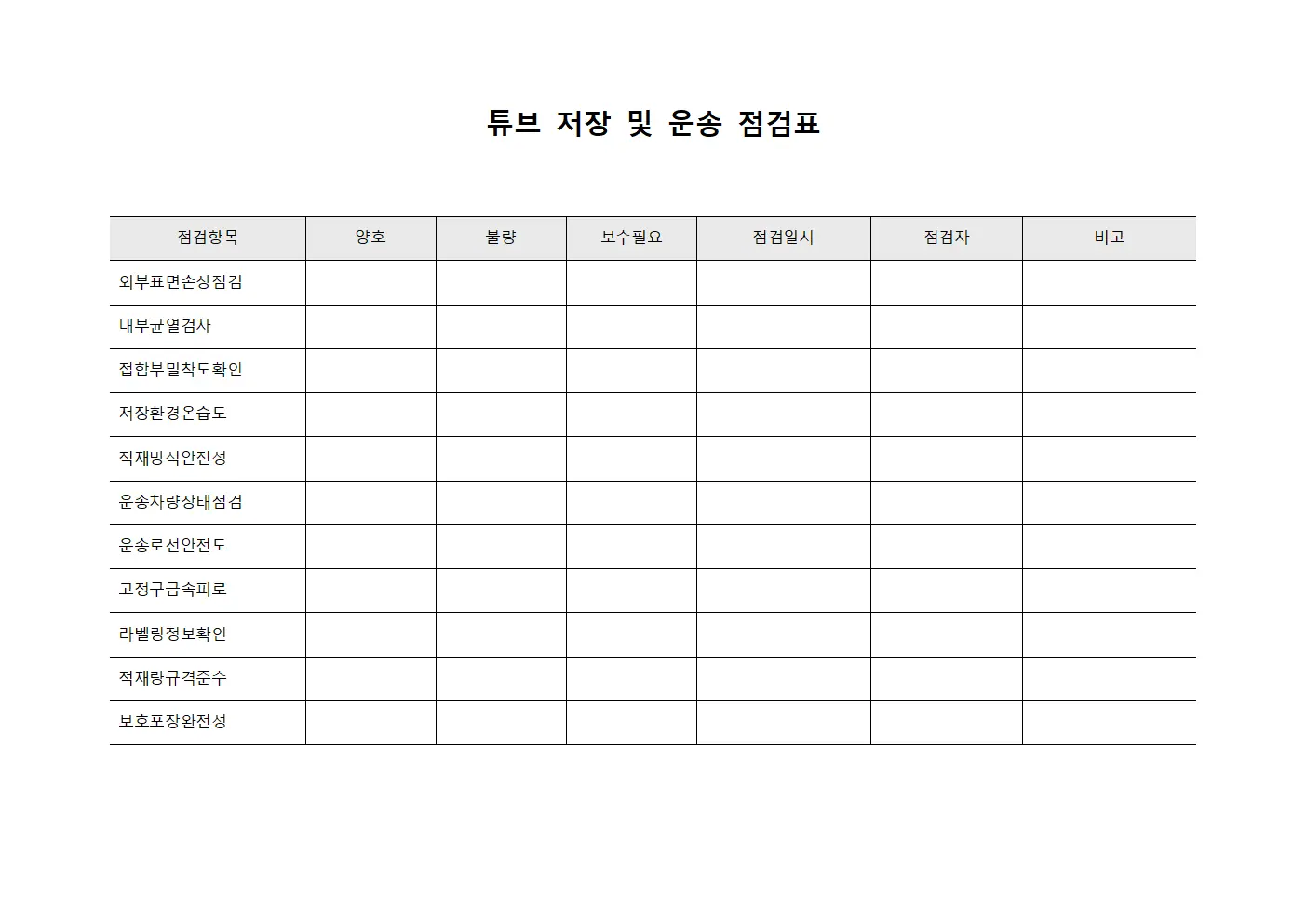 튜브 저장 및 운송 점검표