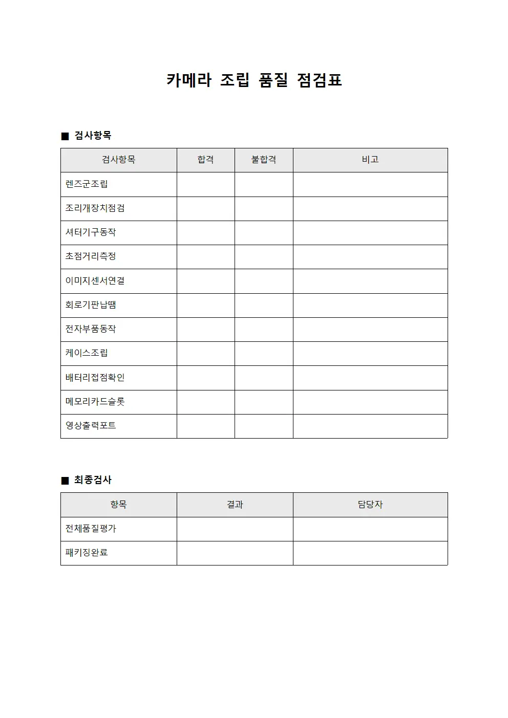 카메라 조립 품질 점검표