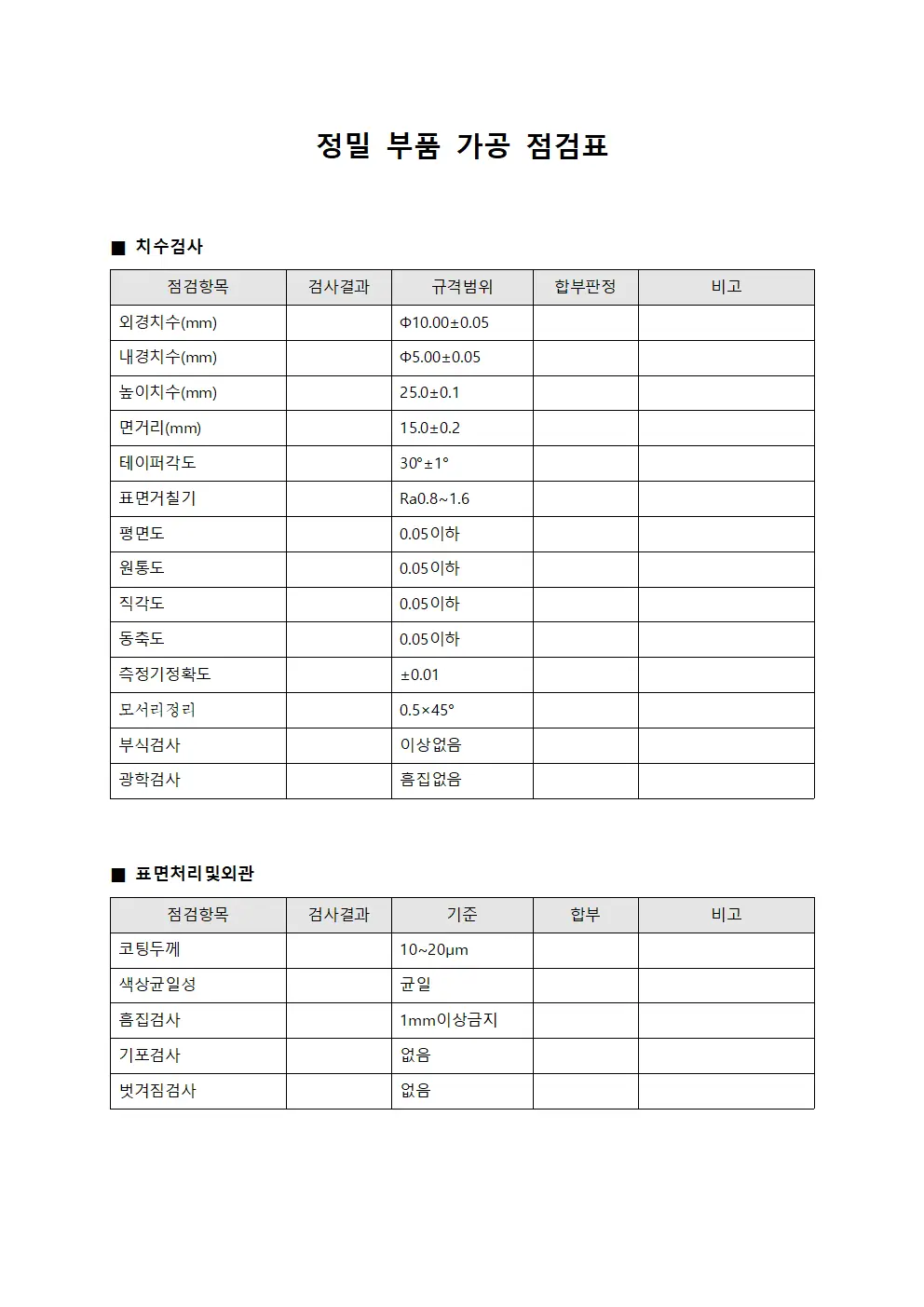 정밀 부품 가공 점검표