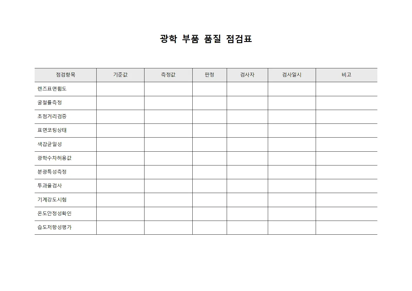 광학 부품 품질 점검표