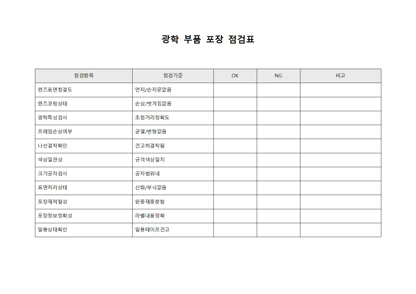 광학 부품 포장 점검표 파일양식