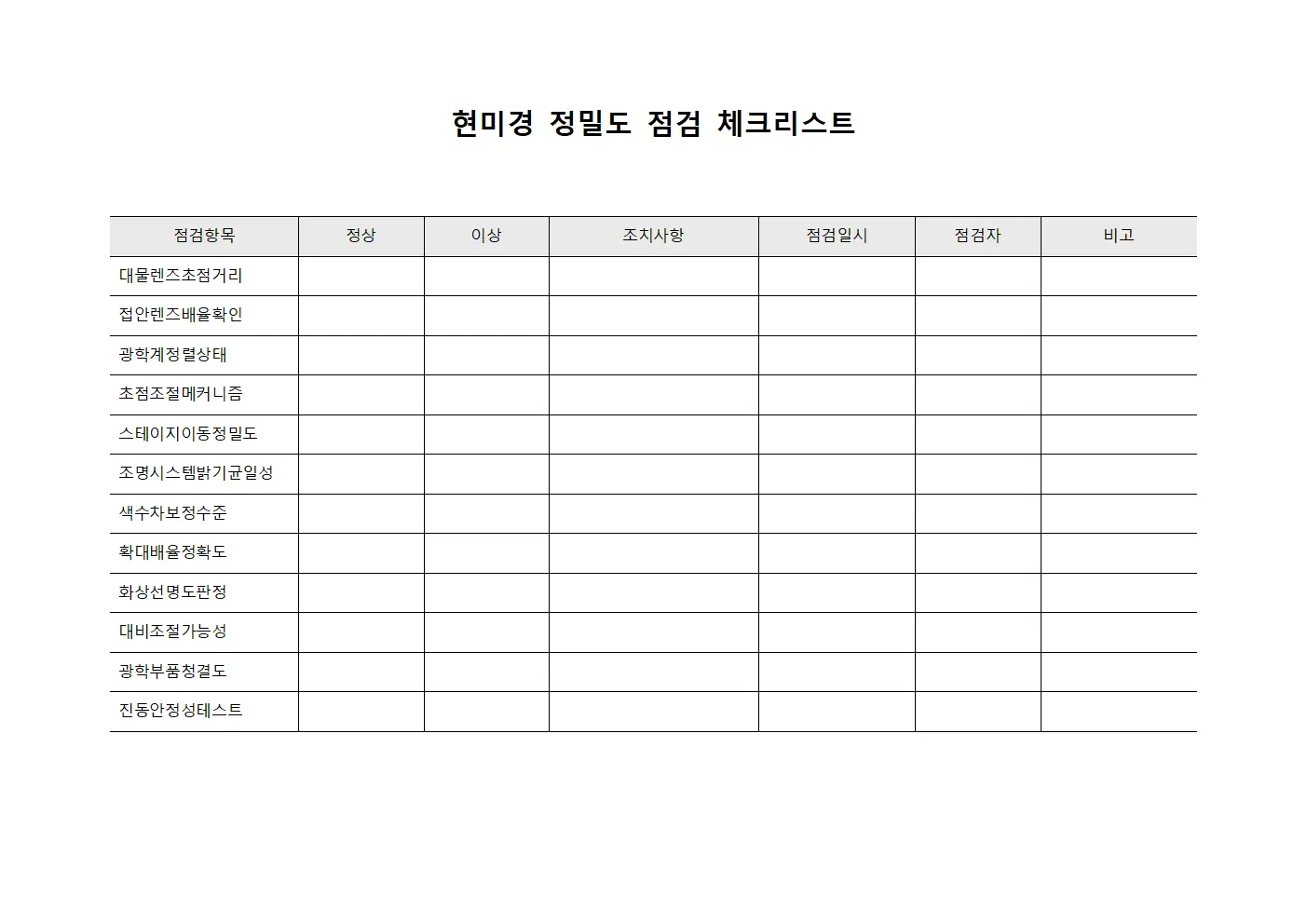 현미경 정밀도 점검 체크리스트 서식문서