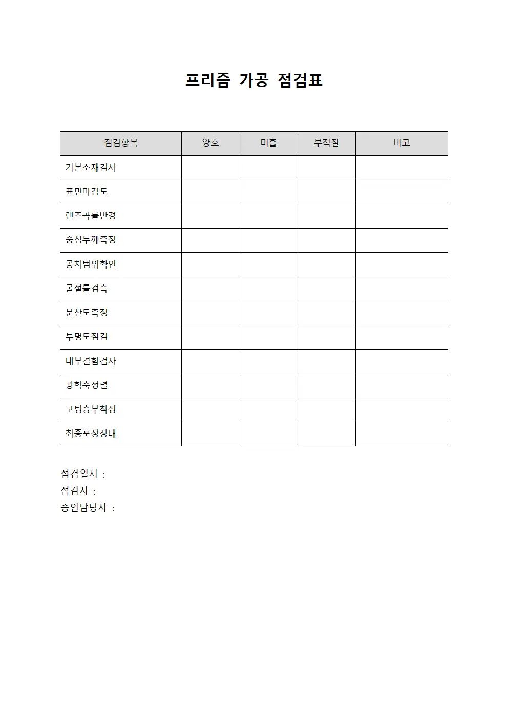 프리즘 가공 점검표