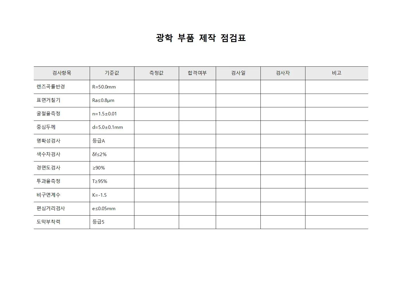 광학 부품 제작 점검표