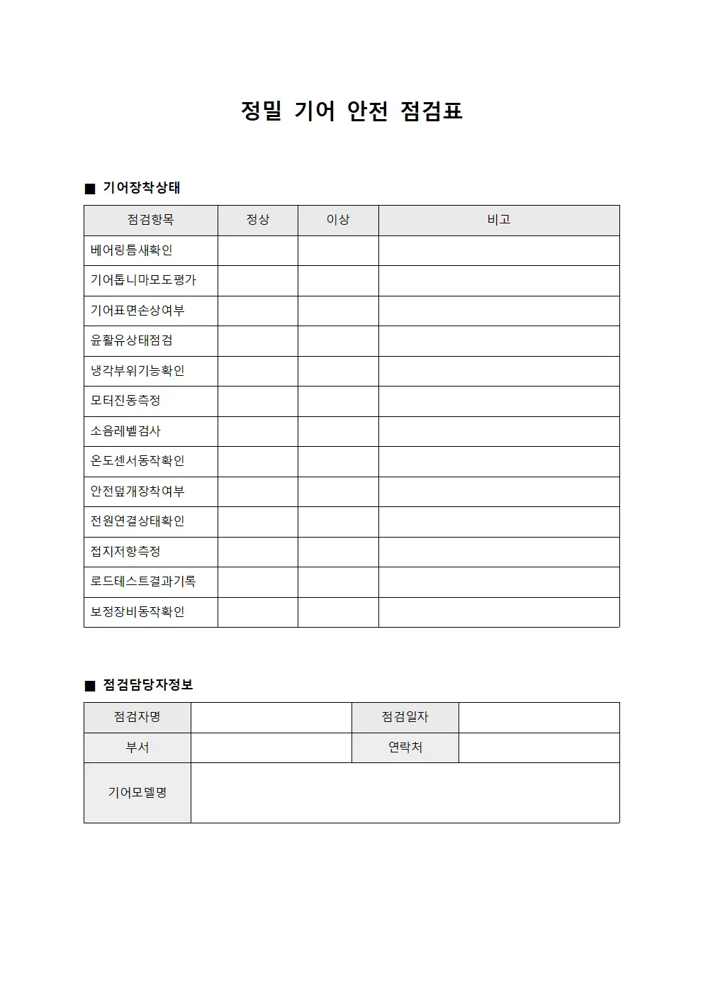 정밀 기어 안전 점검표