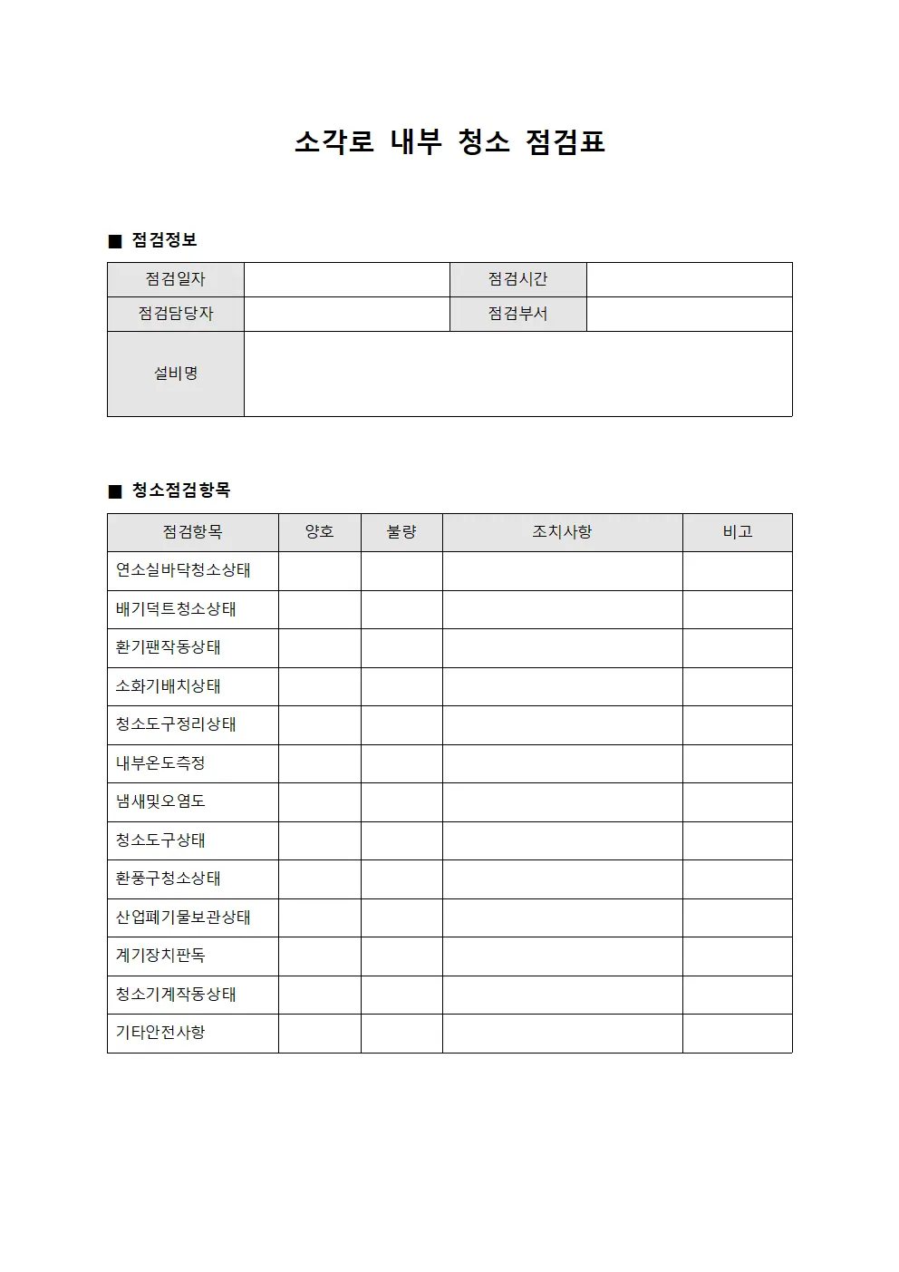 소각로 내부 청소 점검표