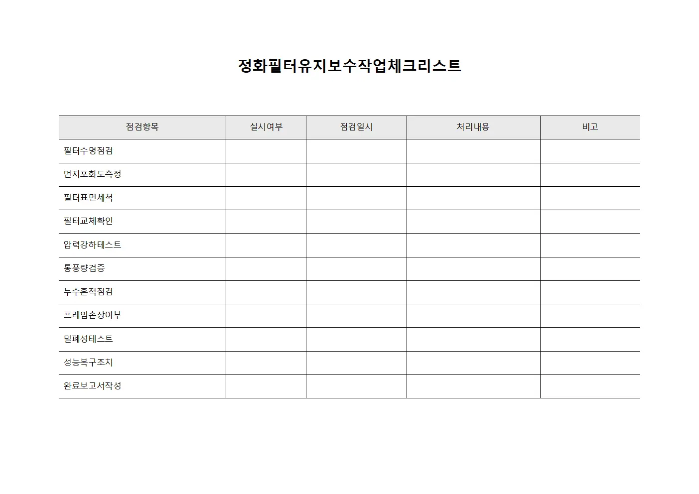 정화필터유지보수작업체크리스트