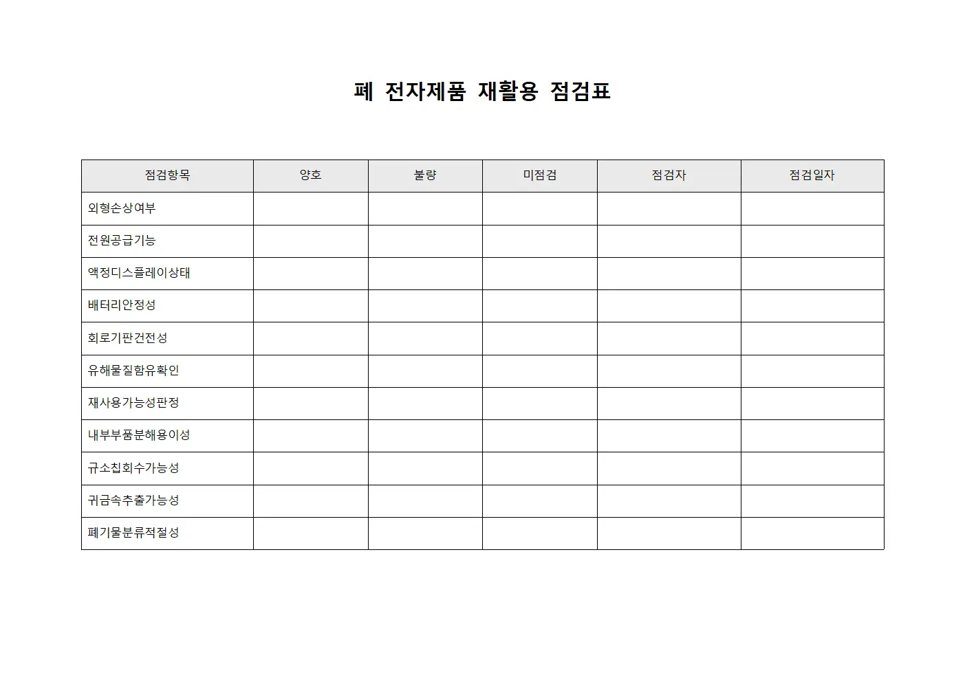 폐 전자제품 재활용 점검표 양식파일