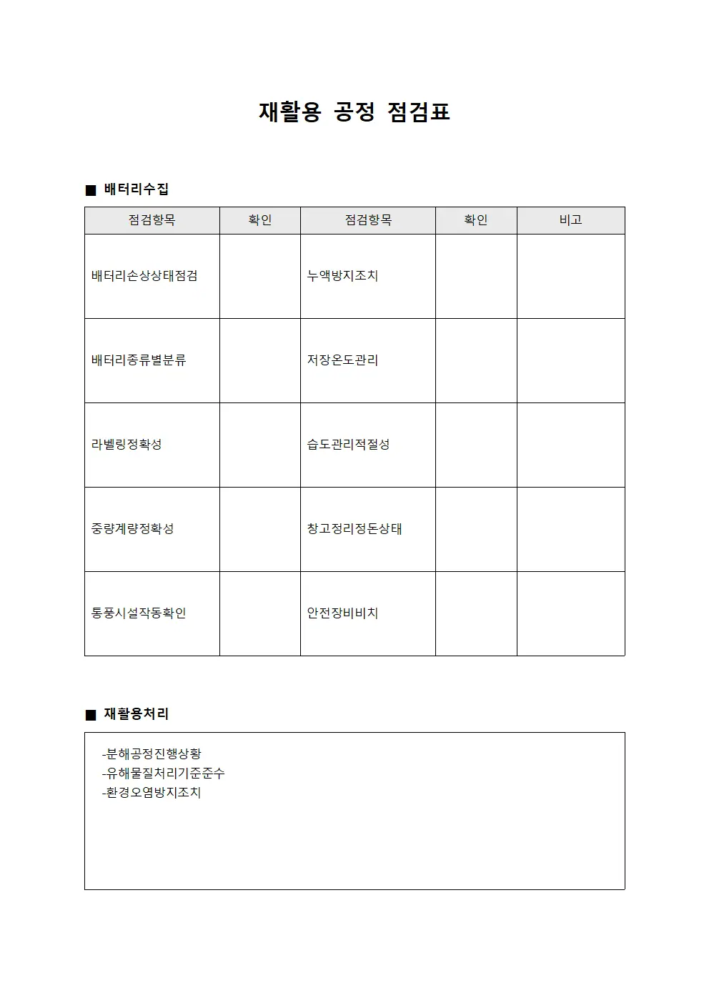 재활용 공정 점검표