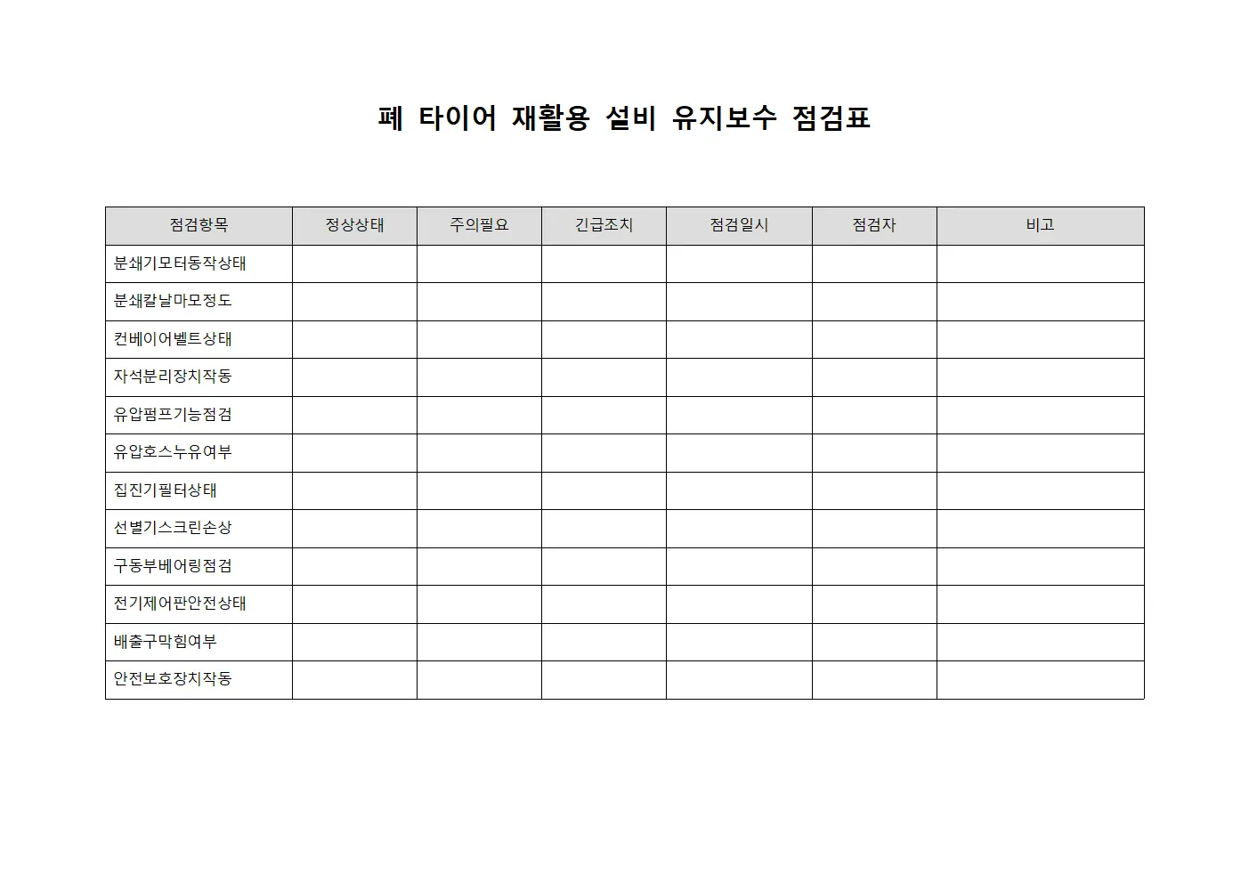 폐 타이어 재활용 설비 유지보수 점검표
