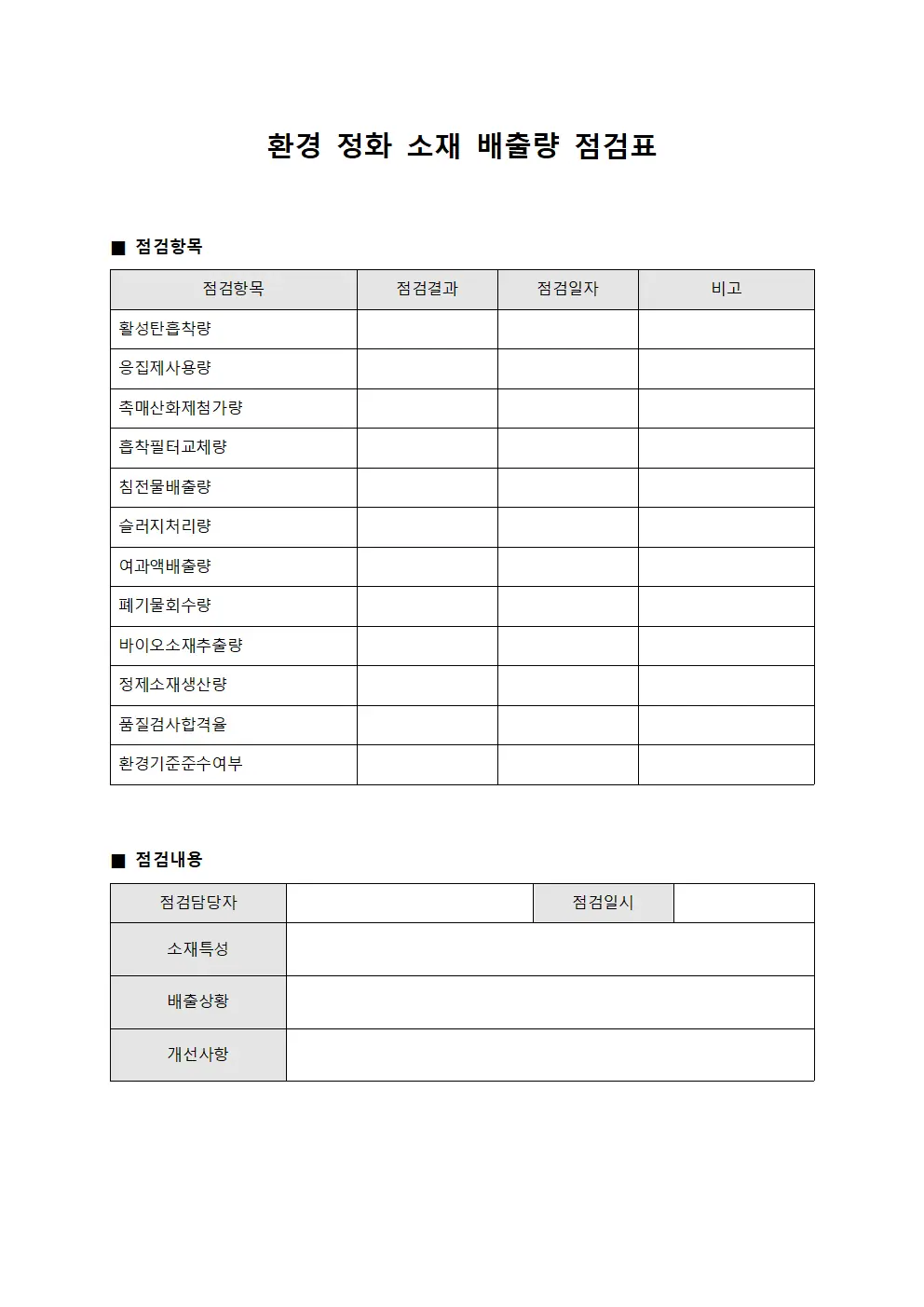 환경 정화 소재 배출량 점검표 템플릿 양식
