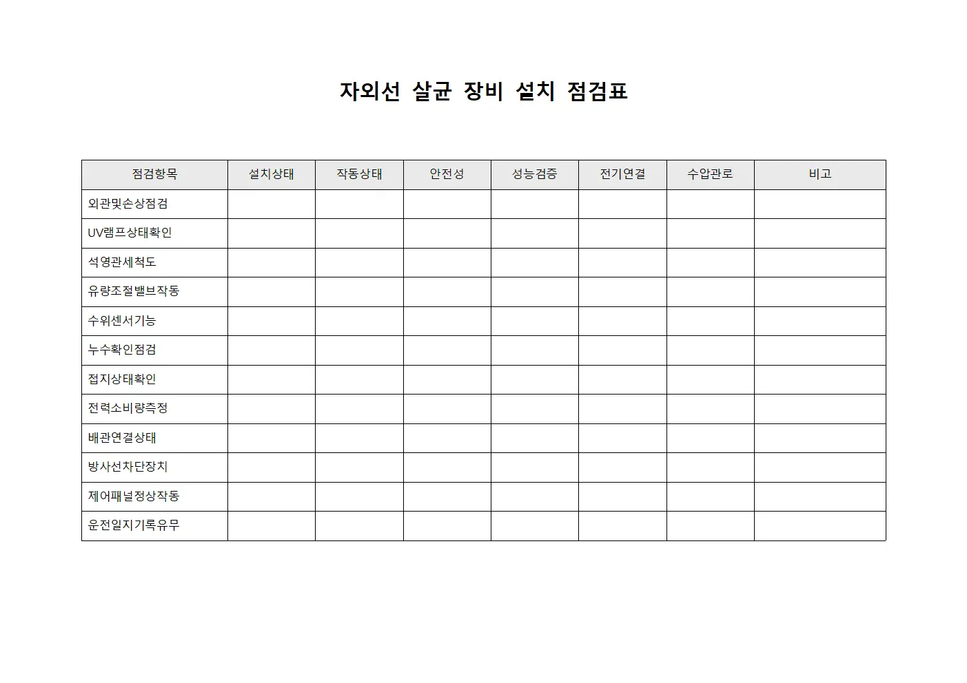 자외선 살균 장비 설치 점검표