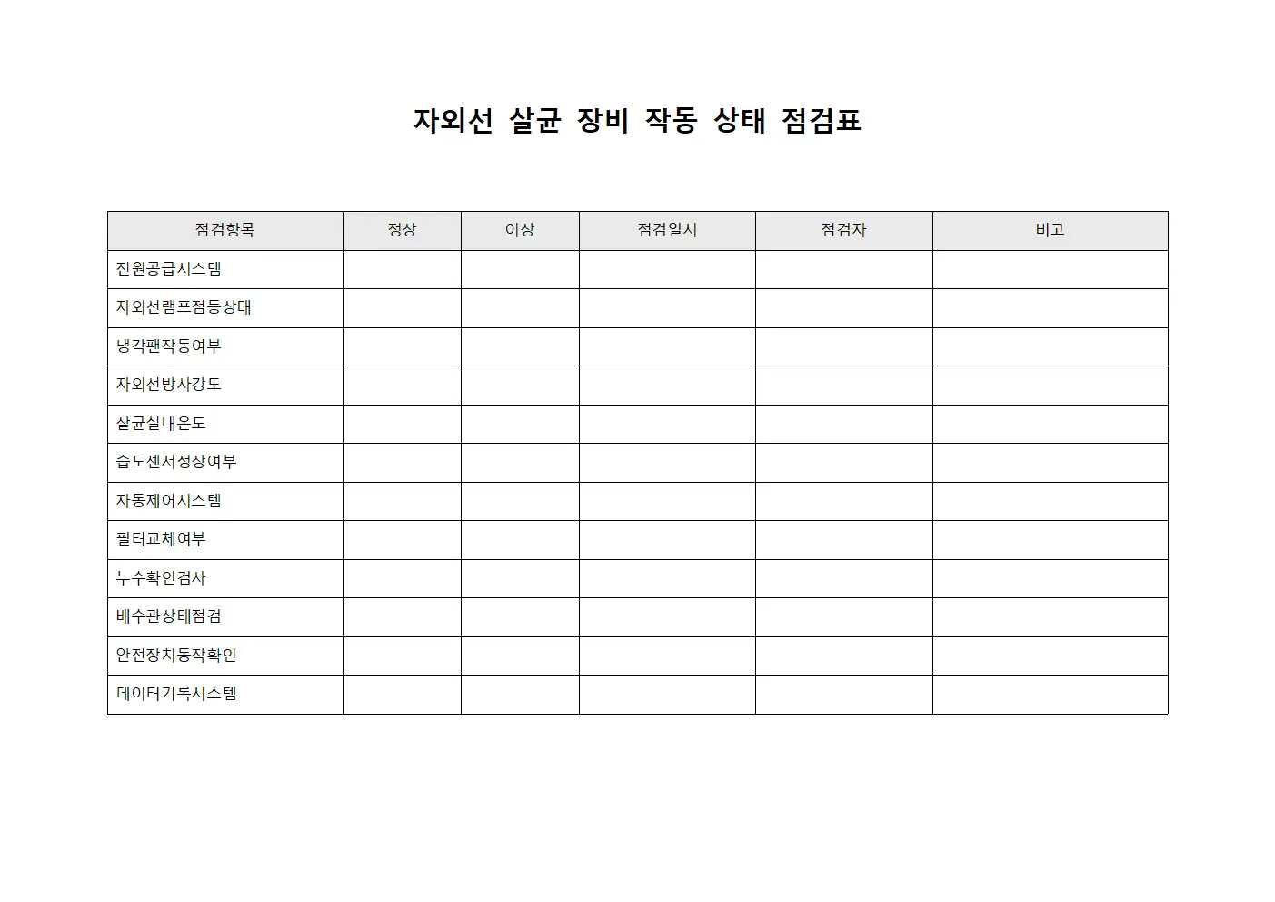 자외선 살균 장비 작동 상태 점검표