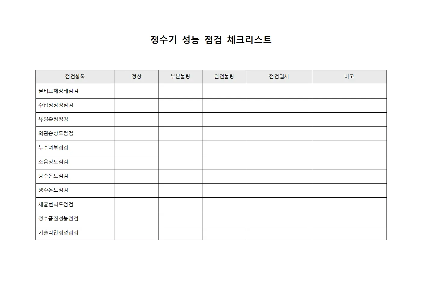 정수기 성능 점검 체크리스트