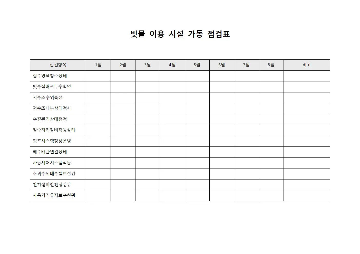 빗물 이용 시설 가동 점검표