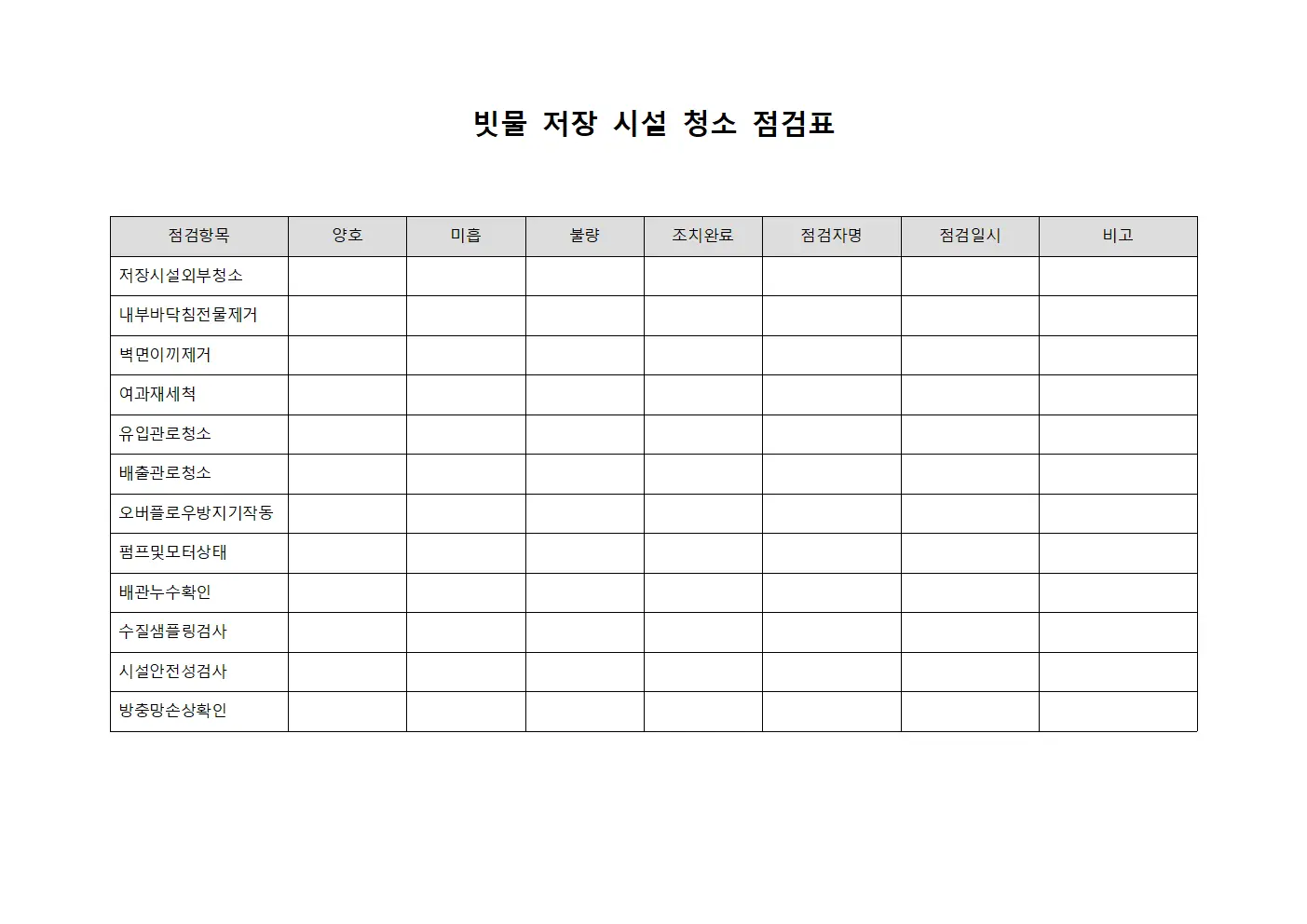 빗물 저장 시설 청소 점검표