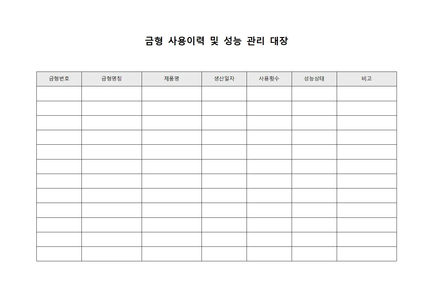 금형 사용이력 및 성능 관리 대장