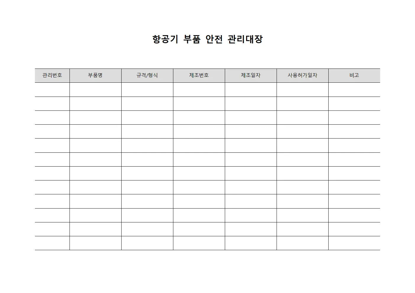 항공기 부품 안전 관리대장