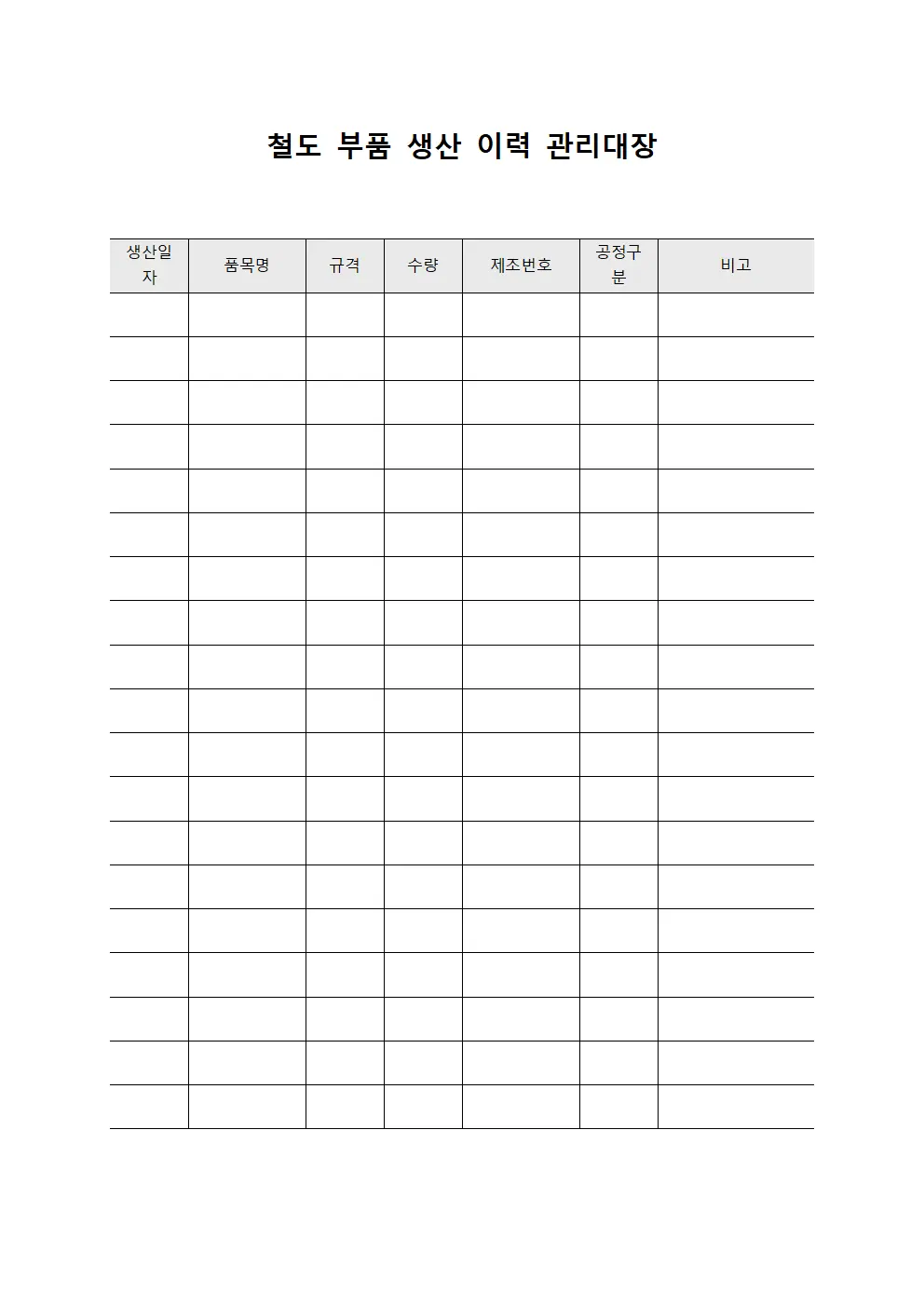 철도 부품 생산 이력 관리대장