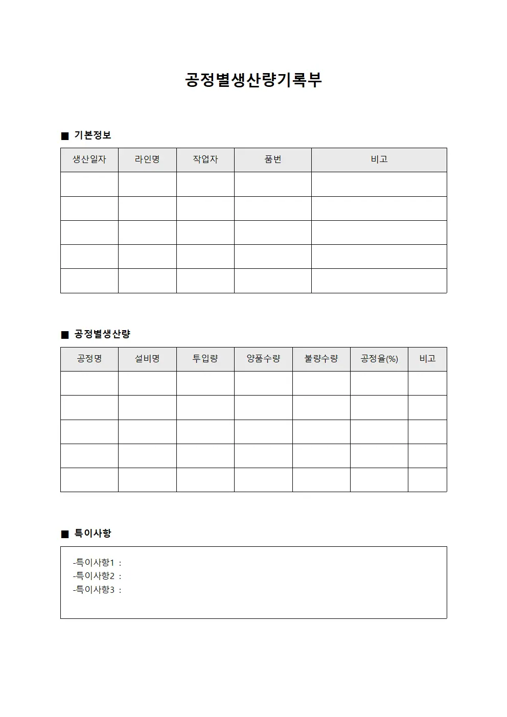 공정별생산량기록부 템플릿 양식
