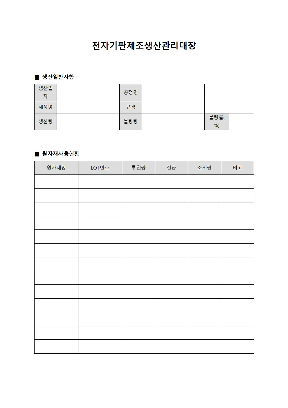 전자기판제조생산관리대장