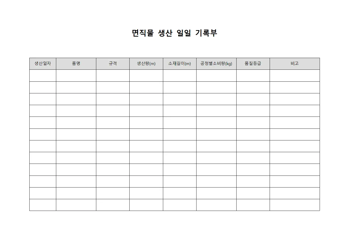 면직물 생산 일일 기록부 서식